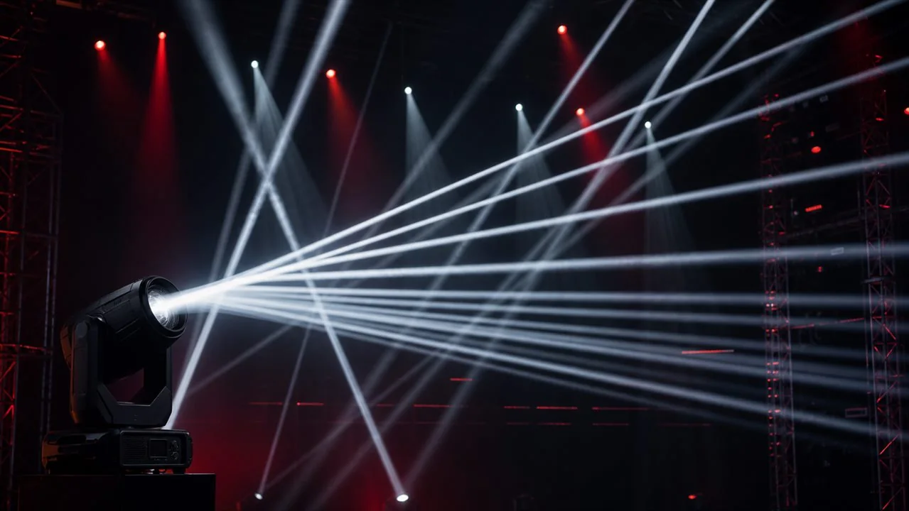 Moving head beam split into multiple prism beams