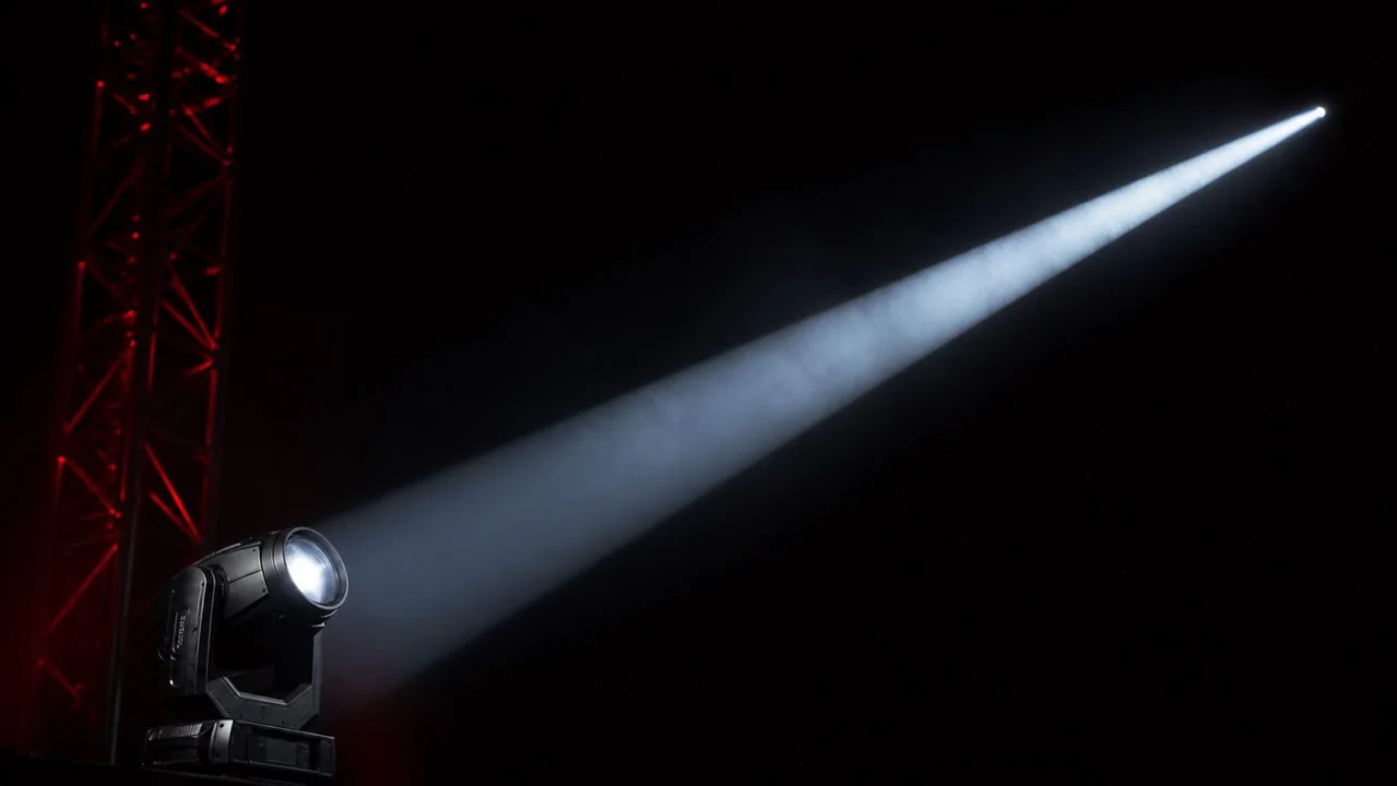 Narrow white profile beam through stage haze
