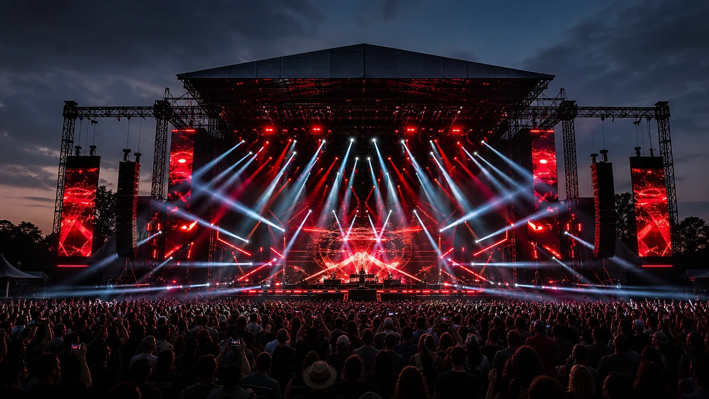 Rental stage rig with controlled moving head fixtures