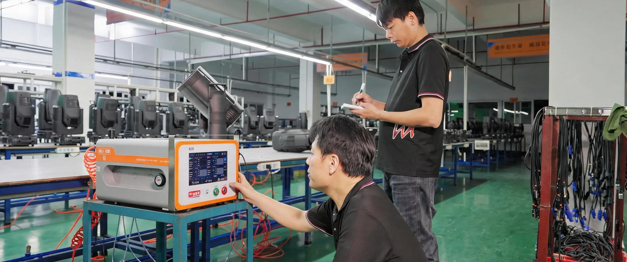 Hengmei staff using an air-tightness test station